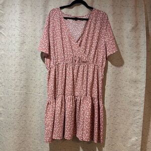 Blush Pink Tiered Ruffled Midi Dress with White Heart Pattern